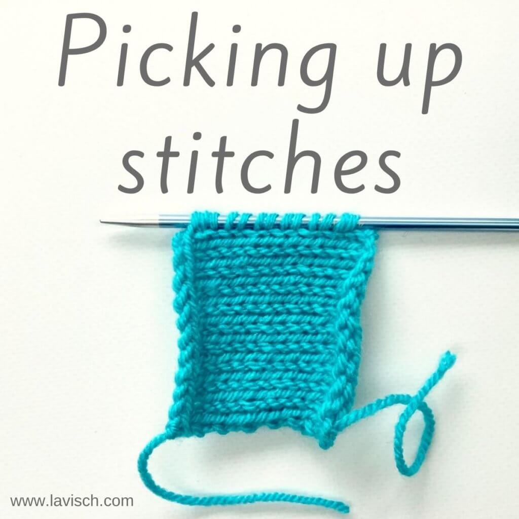 Tutorial picking up stitches: A blue knitting needle with picked up stitches on it.