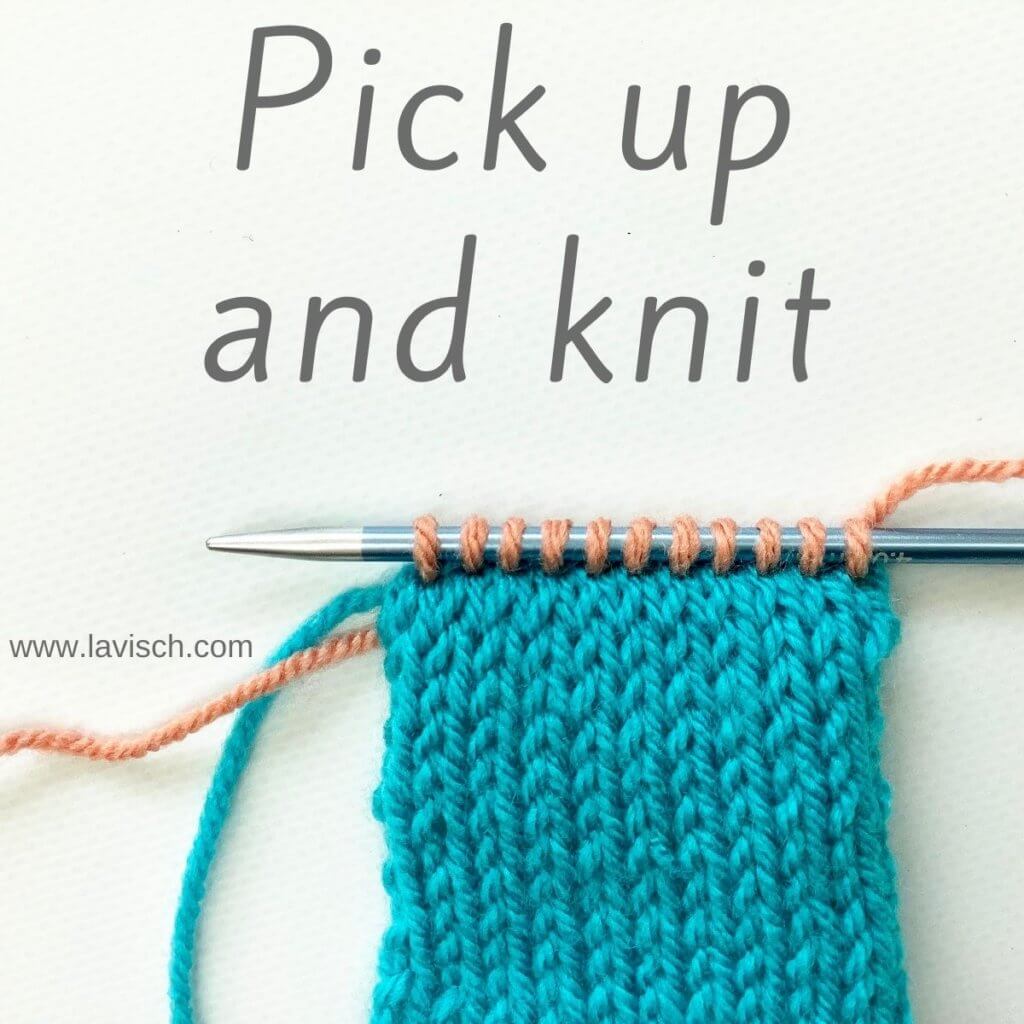 Turquoise swatch on a blue knitting needle against a white background with the text "pick up and knit".