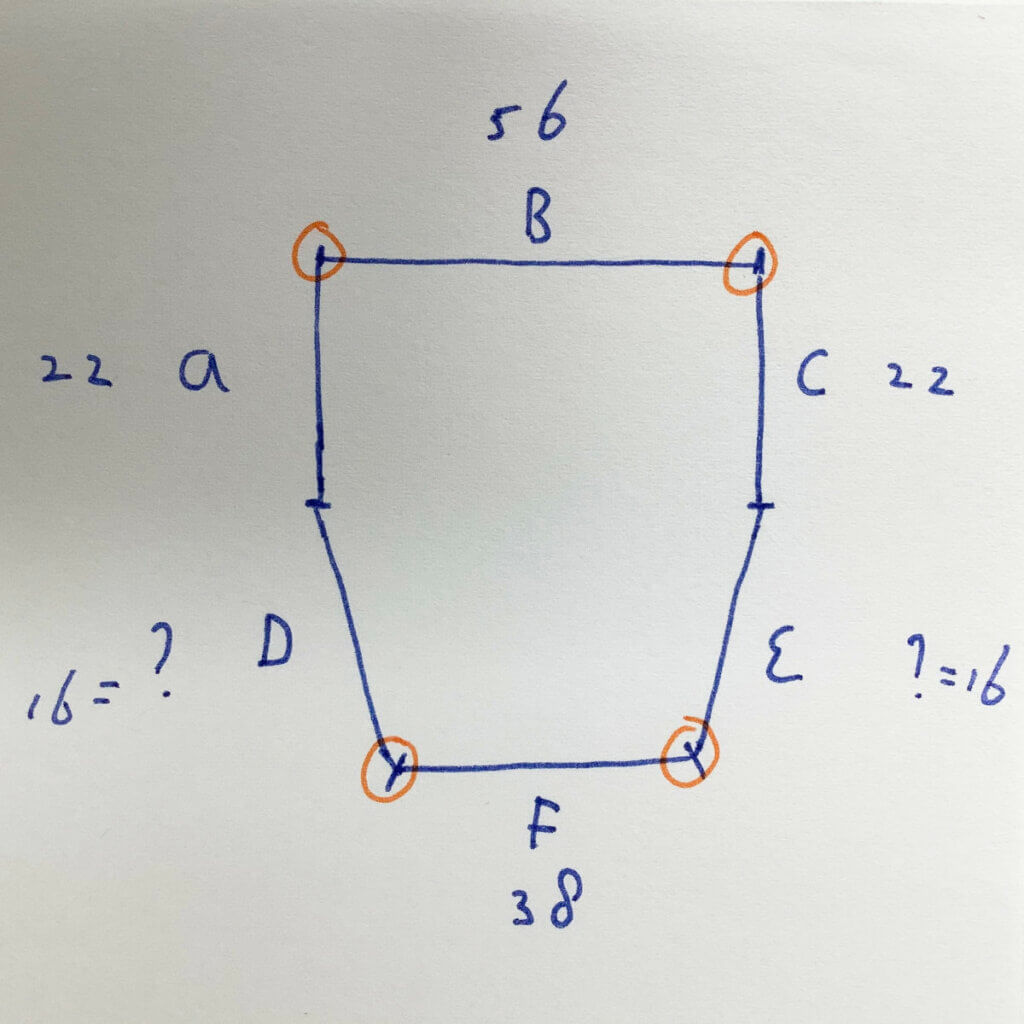 Schematic of the sections in the neckline, with numbers of sts per section added. Possible decrease points are also indicated.