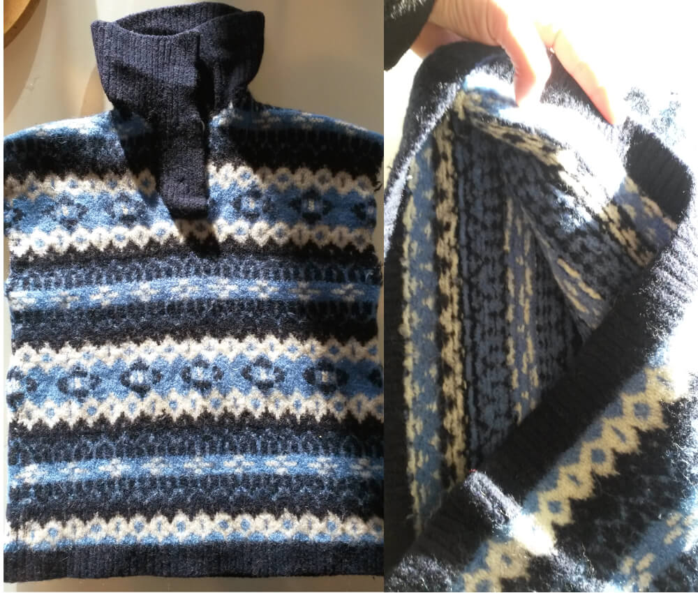 A felted fair-isle sweater in shades of blue and white