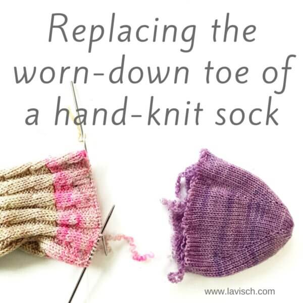 Replacing the worn-down toe of a hand-knit sock