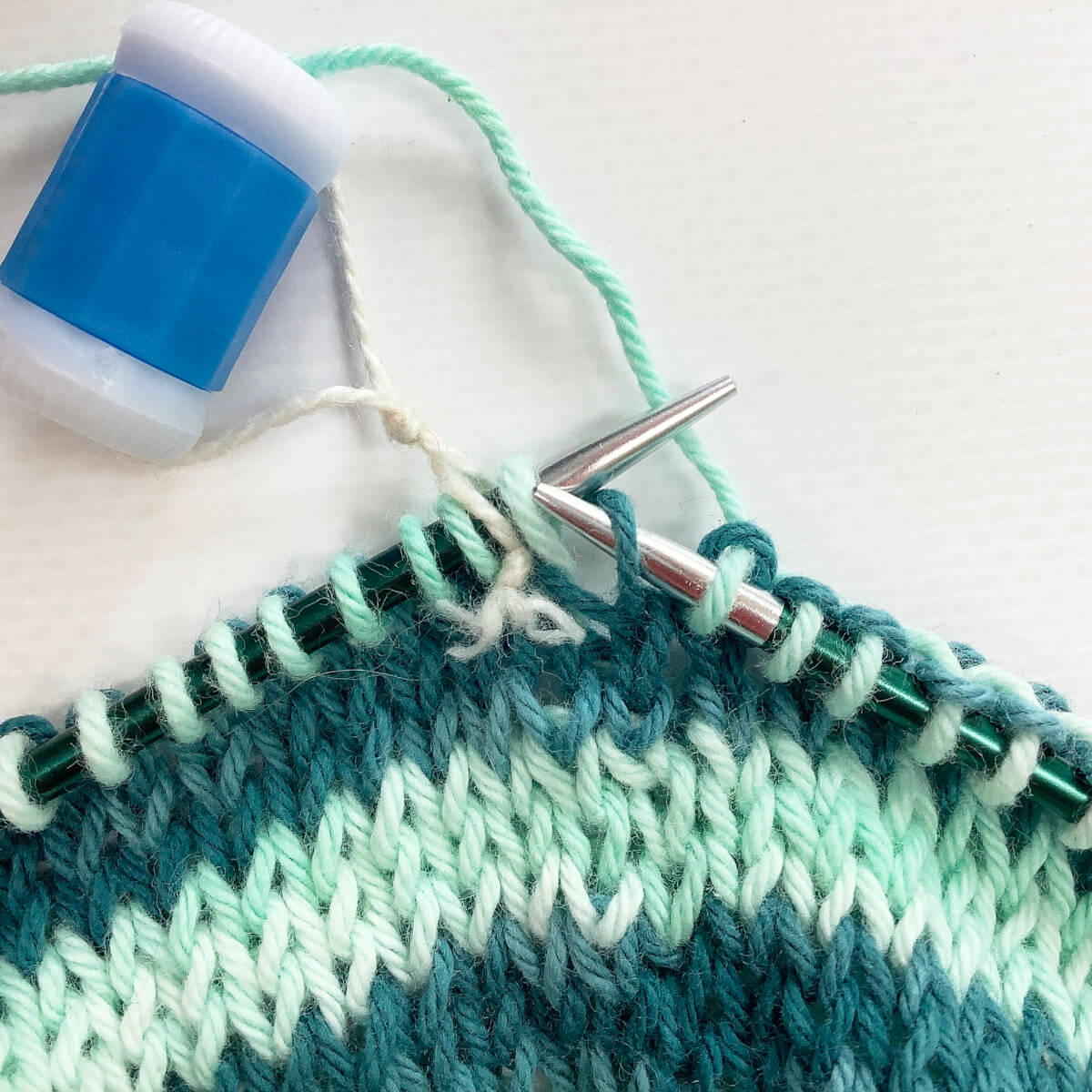 Step 5 of knitting jogless stripes
