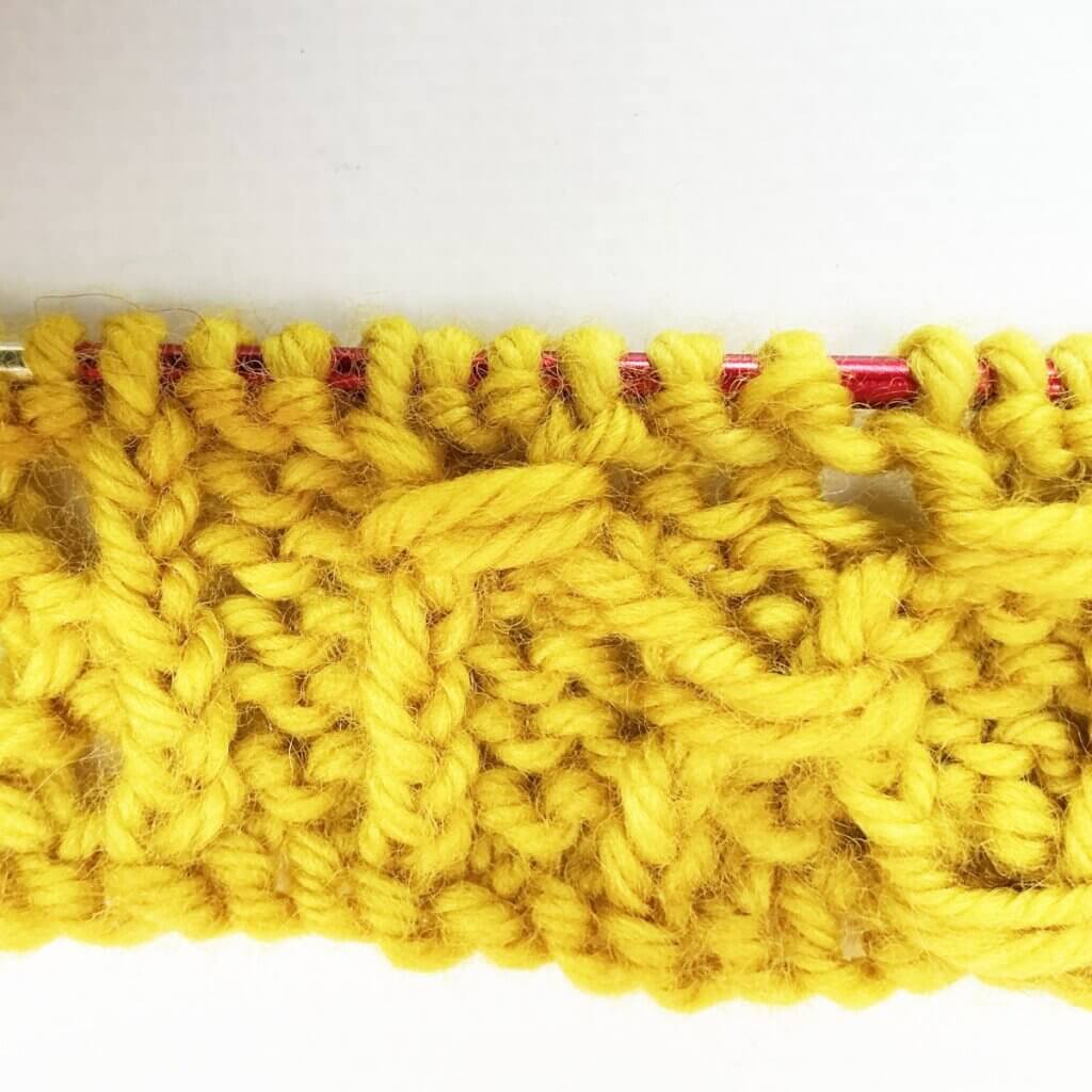 The result of working the (k tbl, p2, k tbl) wrapped twice stitch