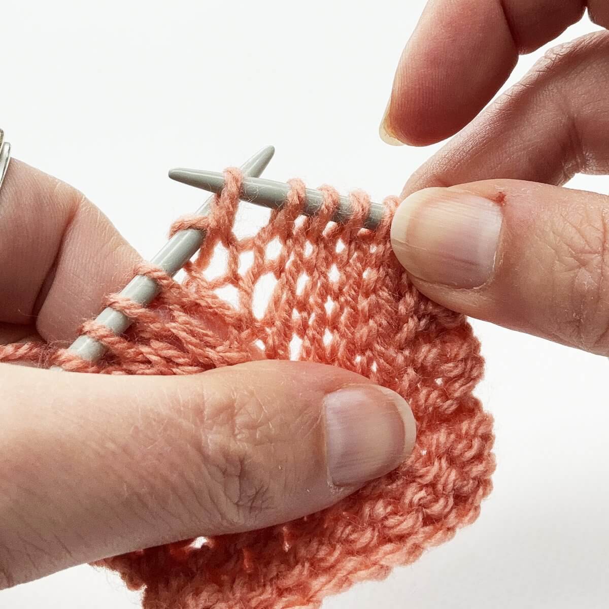 Step 3 of working the double knit below increase
